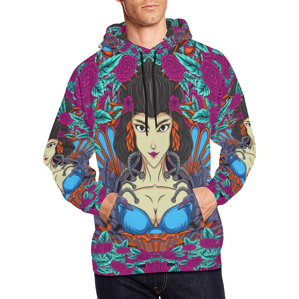 Japanese Geisha Woman Illustration with Flowers | Men's All-Over Print Hoodie