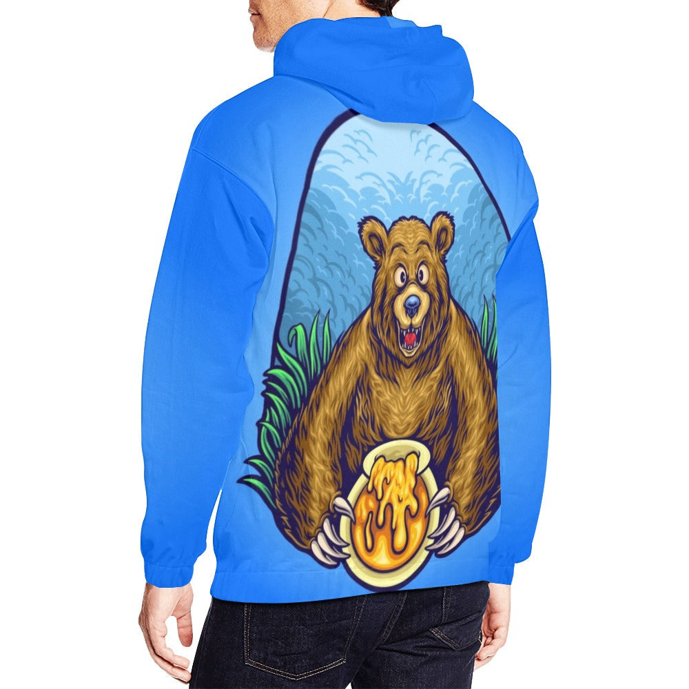 Grizzly Bear with Honey Bee Cartoon | Men's All-Over Print Hoodie