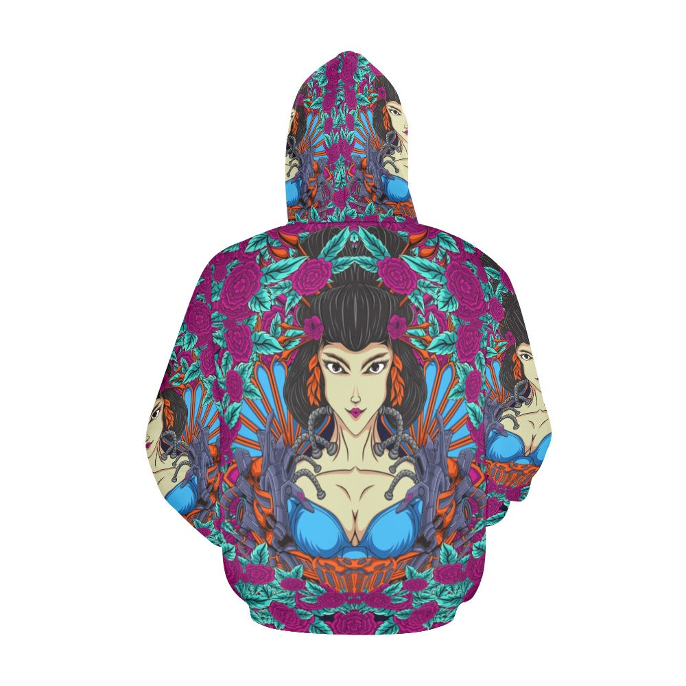 Japanese Geisha Woman Illustration with Flowers | Men's All-Over Print Hoodie