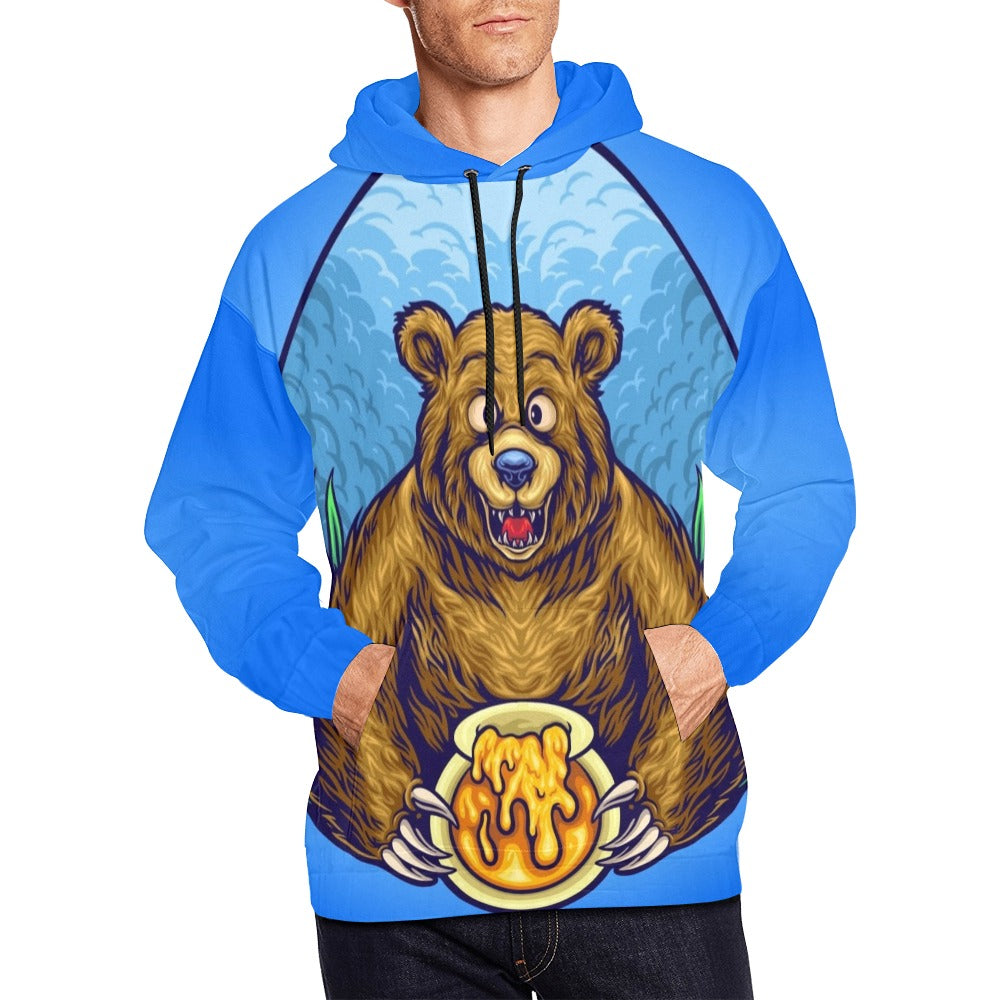 Grizzly Bear with Honey Bee Cartoon | Men's All-Over Print Hoodie