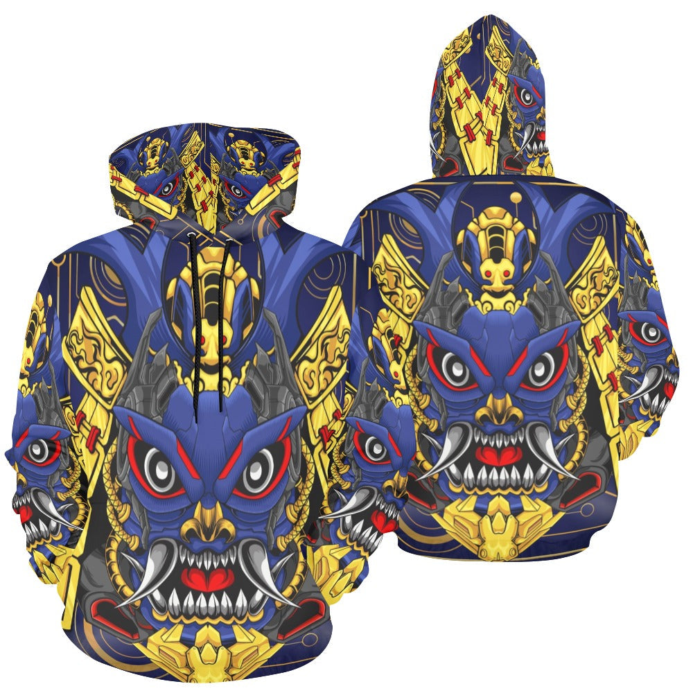 Japanese Samurai Mascot Skull Robot Head | Men's All-Over Print Hoodie