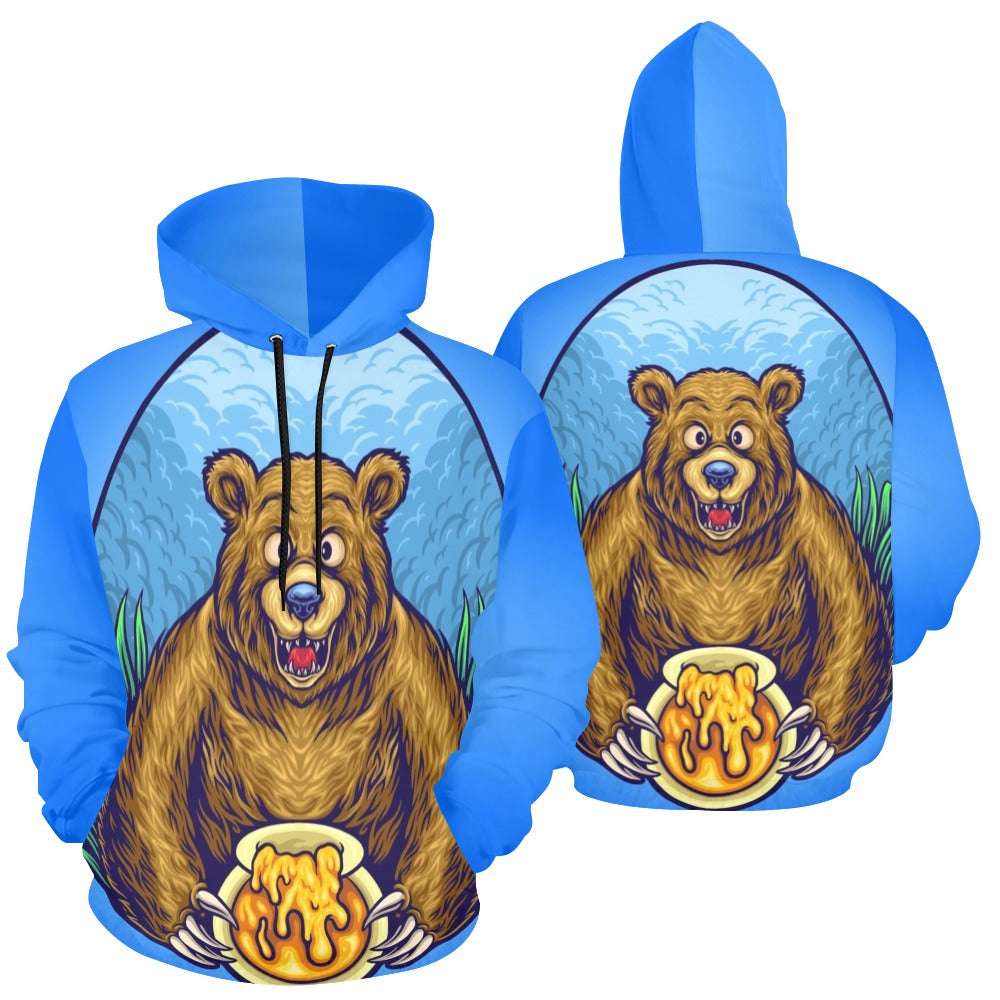Grizzly Bear with Honey Bee Cartoon | Men's All-Over Print Hoodie