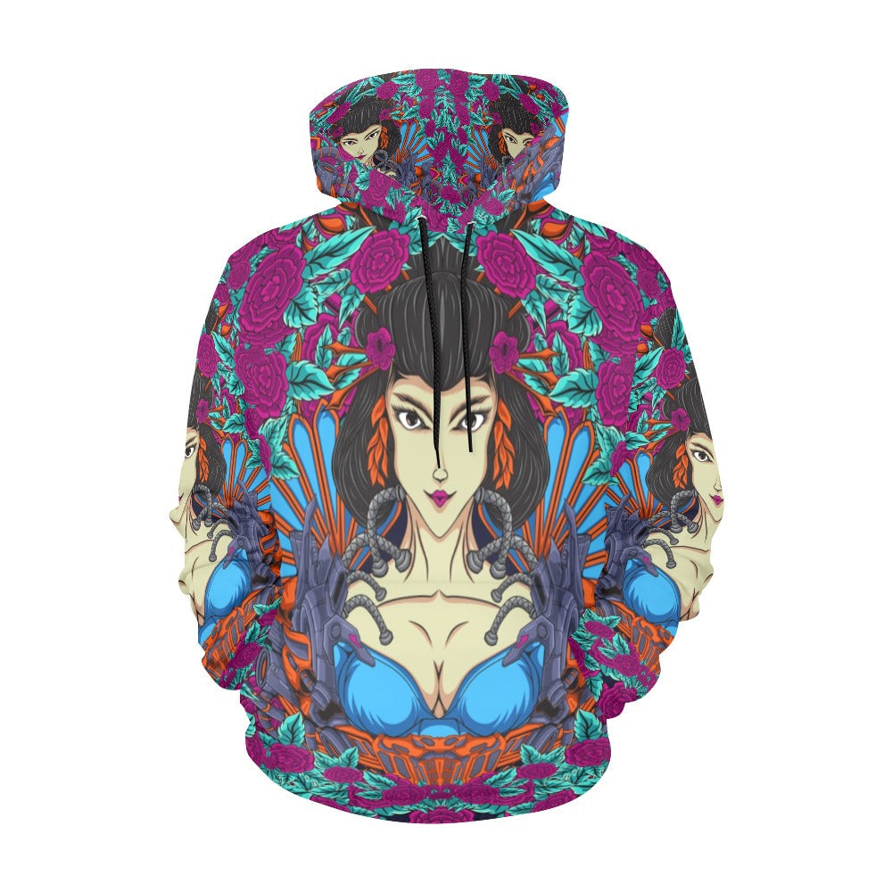 Japanese Geisha Woman Illustration with Flowers | Men's All-Over Print Hoodie