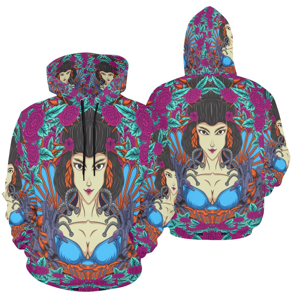 Japanese Geisha Woman Illustration with Flowers | Men's All-Over Print Hoodie