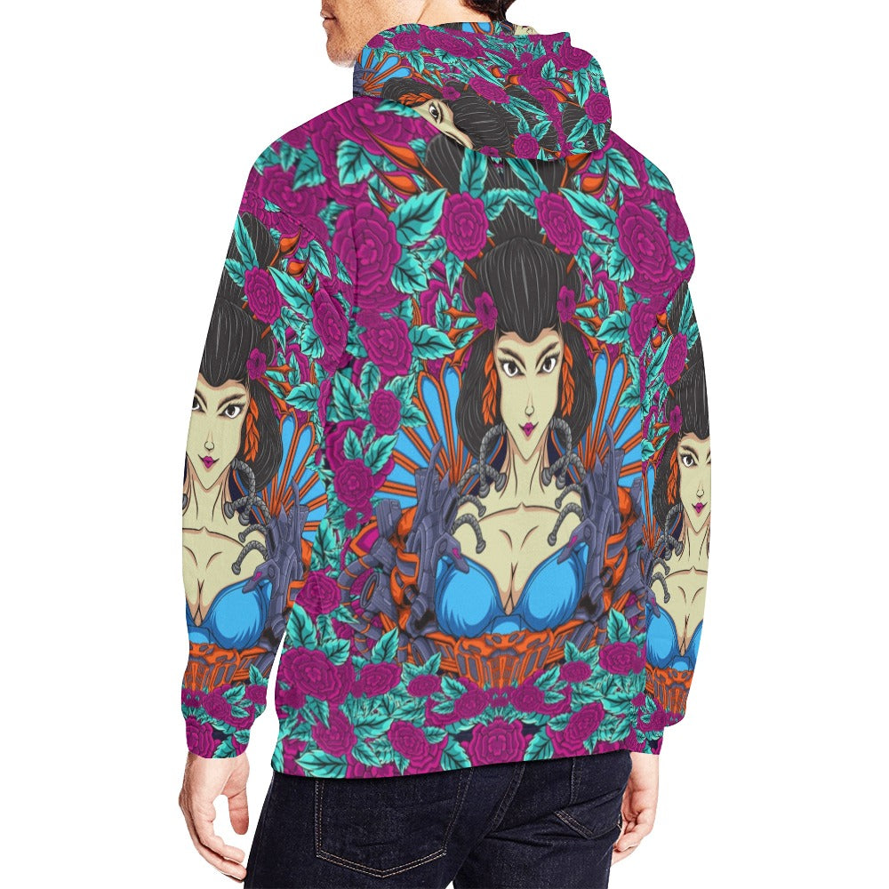 Japanese Geisha Woman Illustration with Flowers | Men's All-Over Print Hoodie