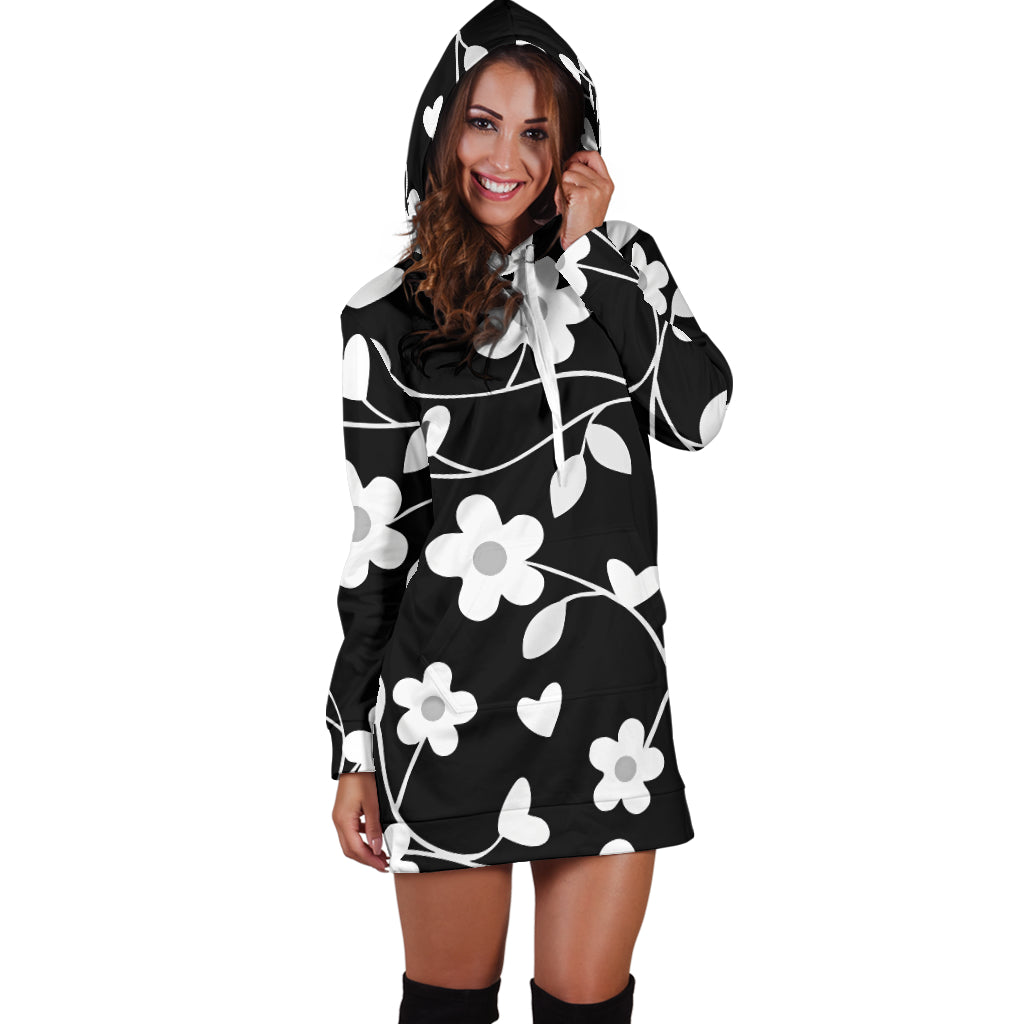 Neutral Floral Black White and Gray | Hoodie Dress