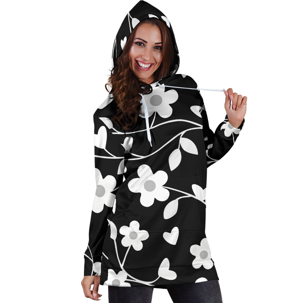 Neutral Floral Black White and Gray | Hoodie Dress