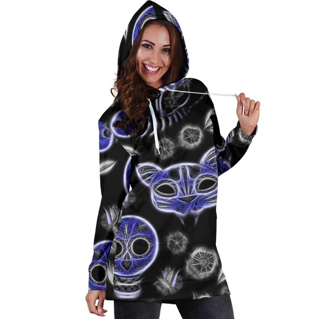 Fractal Cat Bird and Skulls | Hoodie Dress